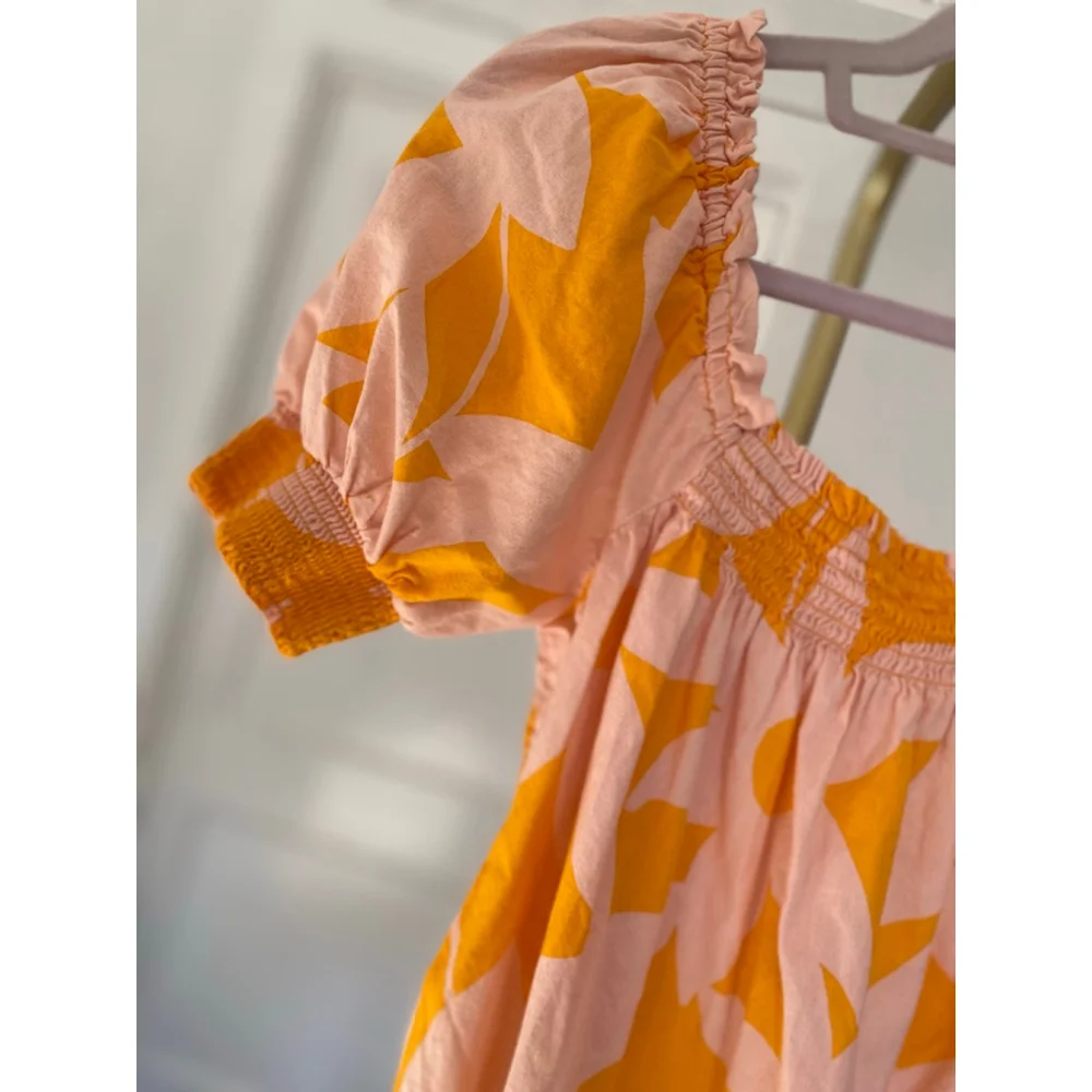 Free People Mila Floral Mini Dress S Boho Puff Sleeve Smocked Pink Orange Beach - Picture 4 of 8